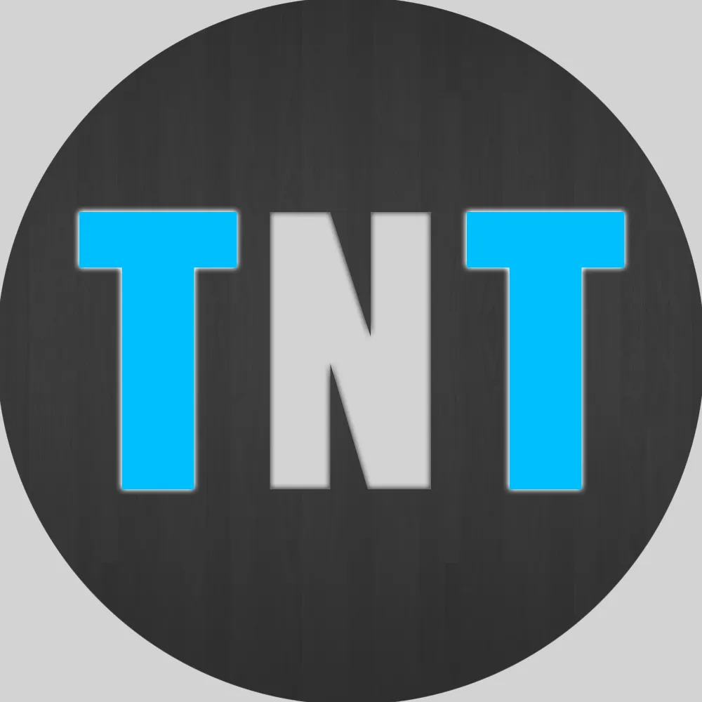 Letters T N T in blue and light gray on a dark gray background