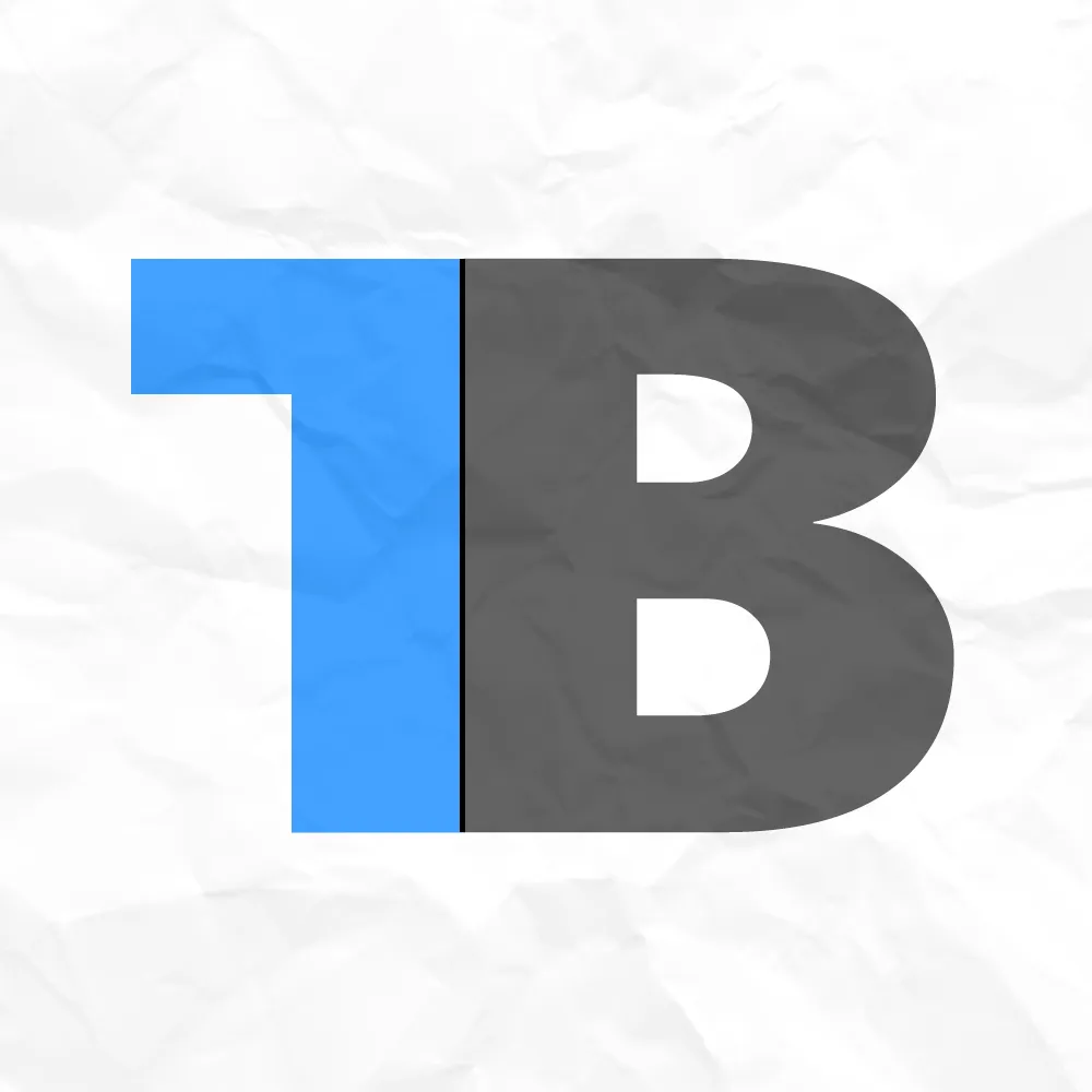 Letters T B in blue and dark gray on a white background, sticked together