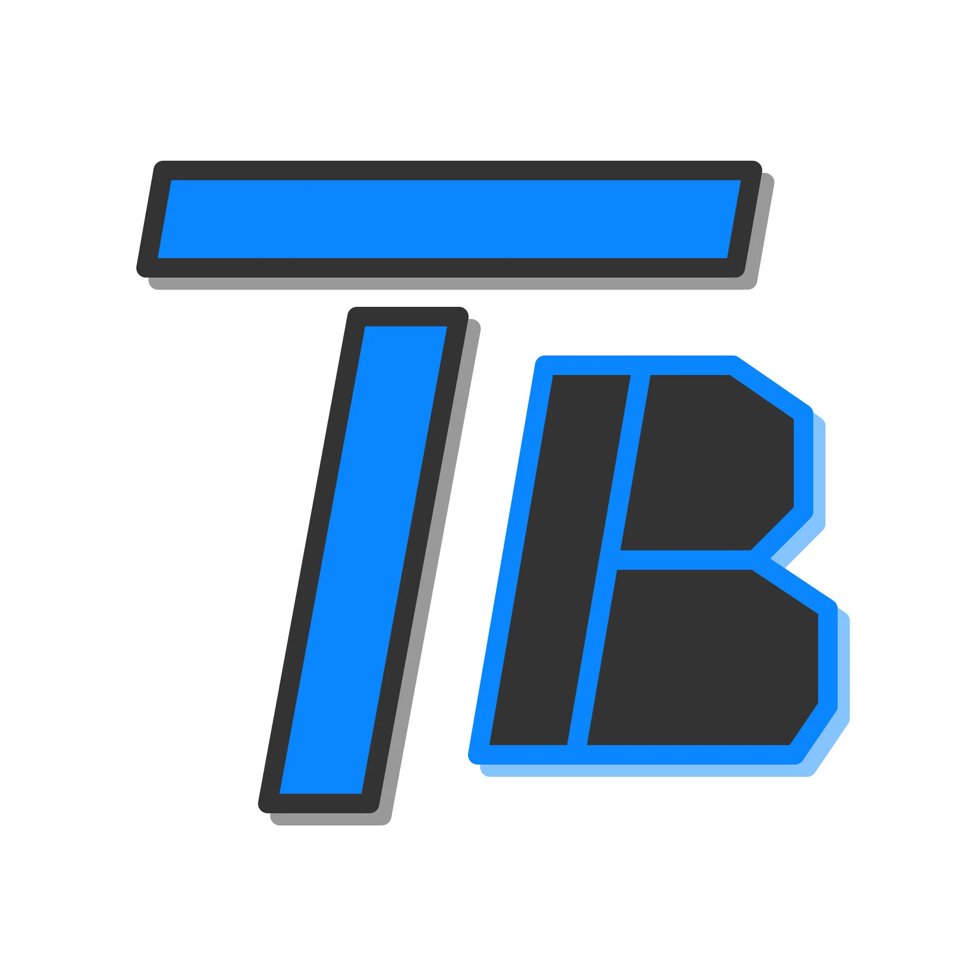 Letters T B in blue and dark gray, with a each others colors as letter delimiters, on a white background