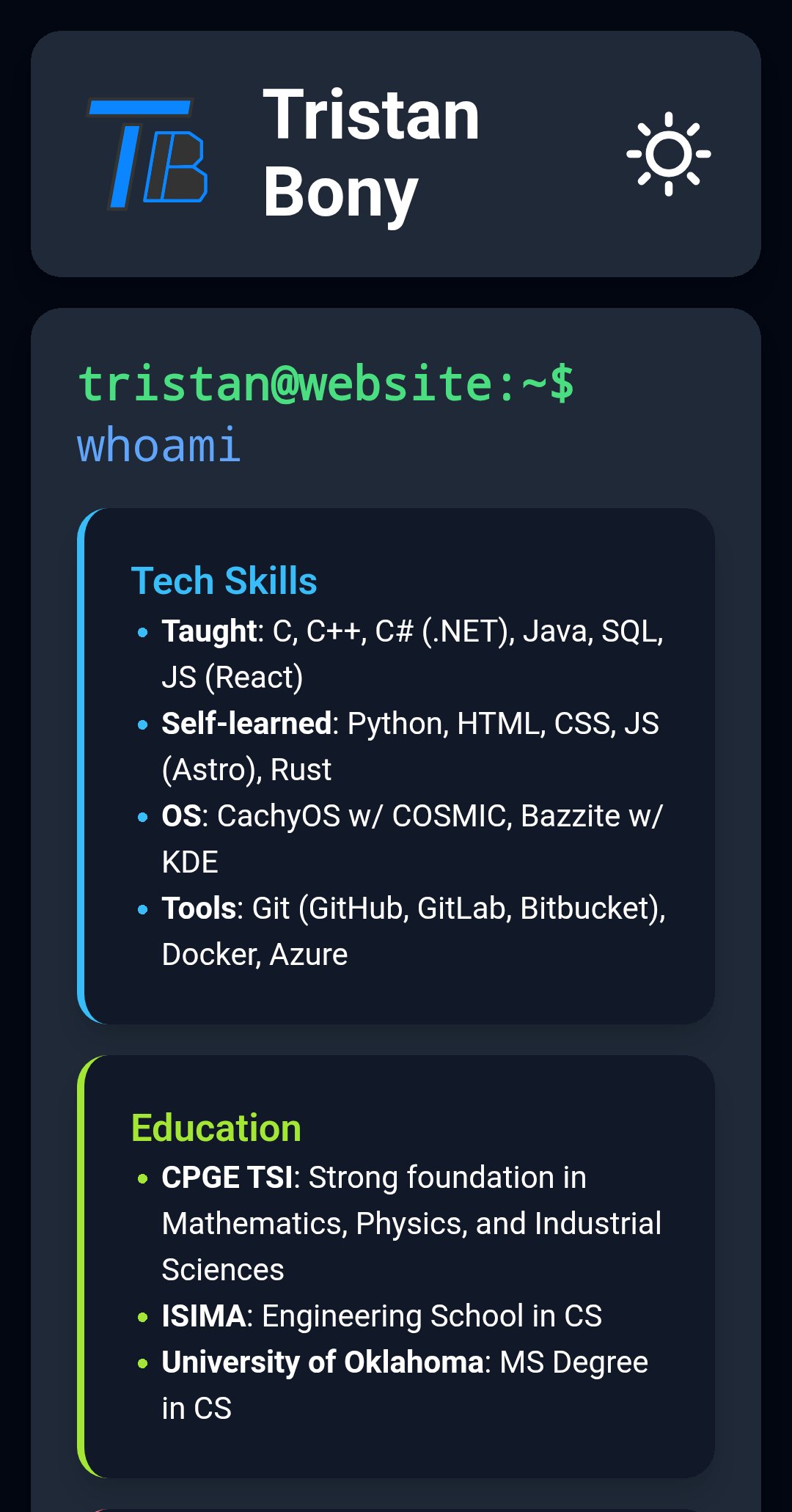 Mobile version of my website in dark mode
