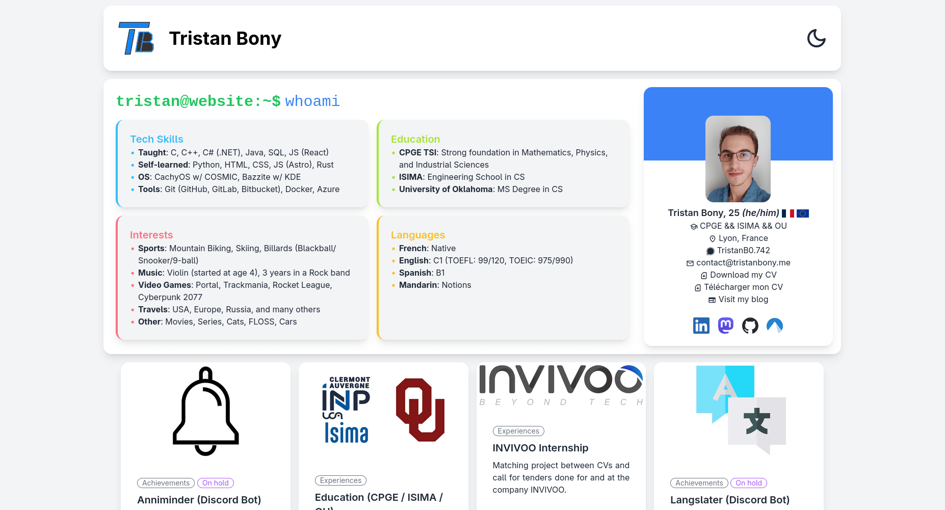 Screenshot of my website on v5 with a white theme