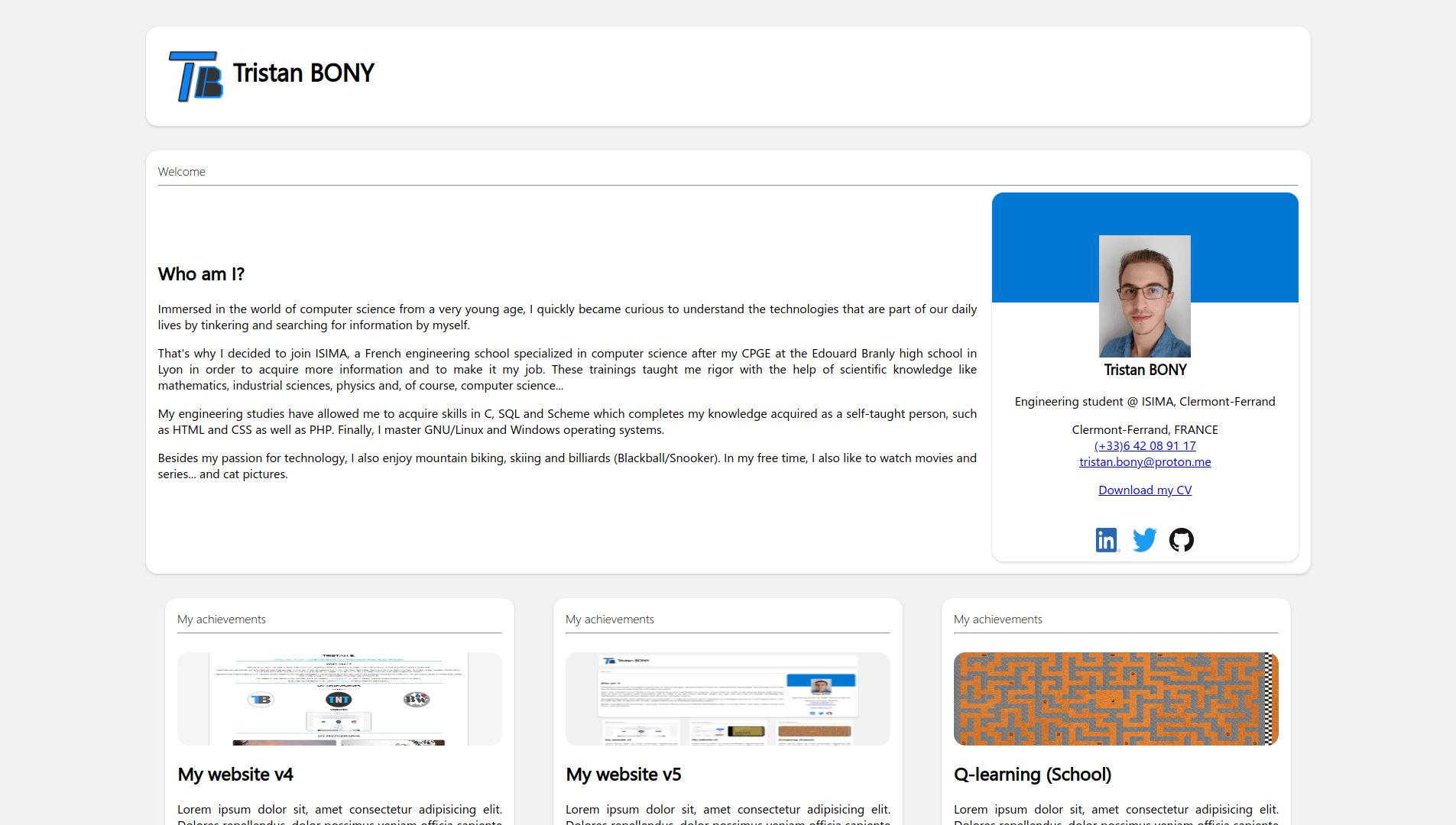 Screenshot of my website on v5 with a white theme